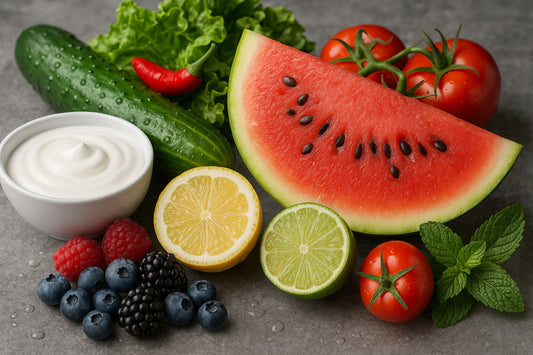 Frische, kühlende Lebensmittel auf grauem Hintergrund: Wassermelone, Zitrusfrüchte, Joghurt, Beeren, Gurke, Tomaten, Salat, Chili und Minze.