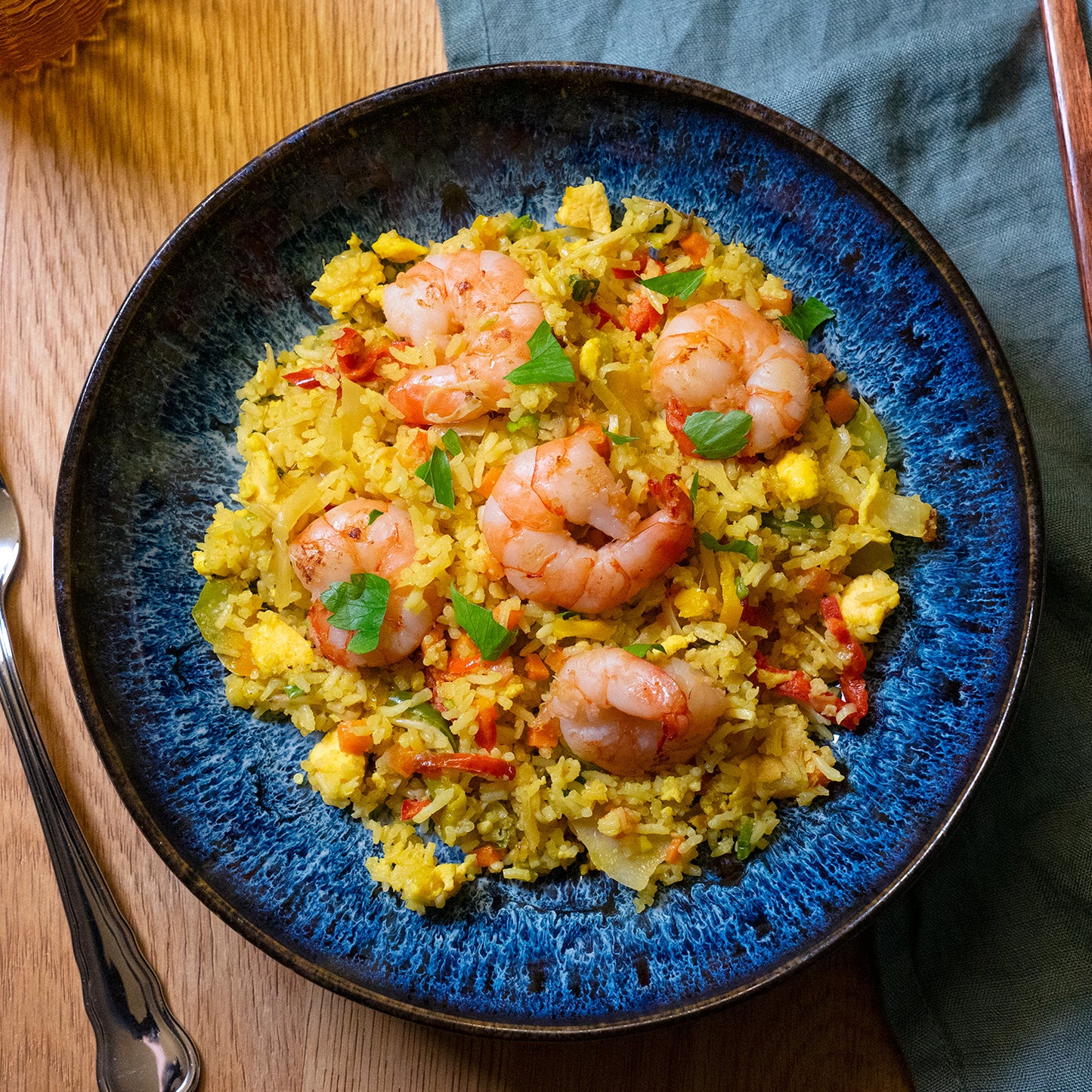 Fried rice with fried Selva shrimps
