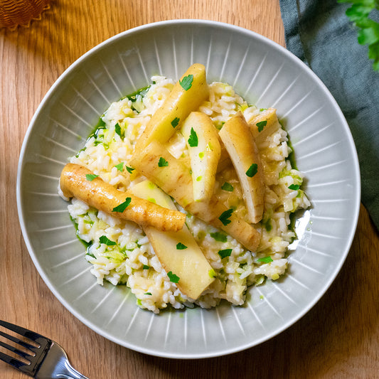 Lauch-Risotto mit gerösteten Pastinaken