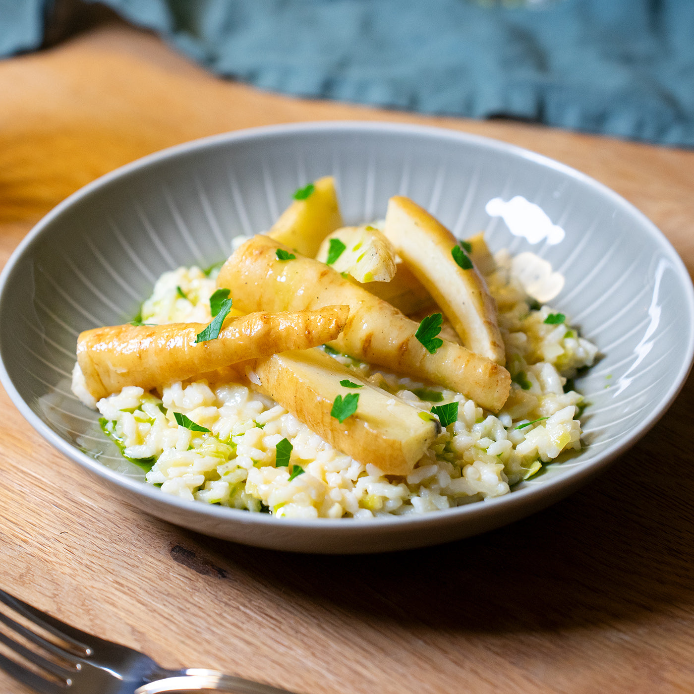 Lauch-Risotto mit gerösteten Pastinaken