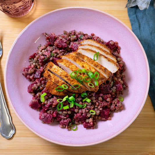 Linsen-Randensalat mit marinierten Pouletstreifen