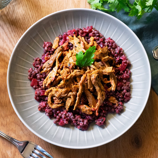 Linsen-Randensalat mit pulled planted.chicken