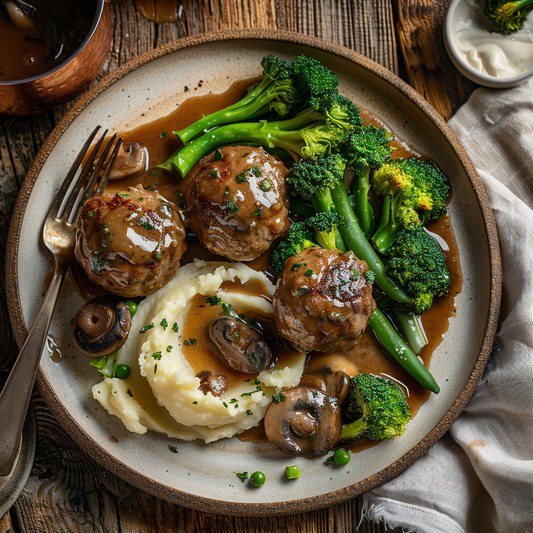 Meatballs mit Broccoli und Härdöpfelstock