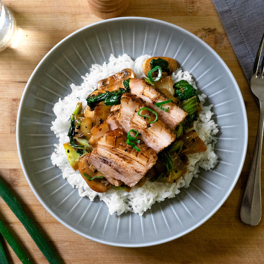 Schweinsbrust, Ingwer, Pak Choi, Reis