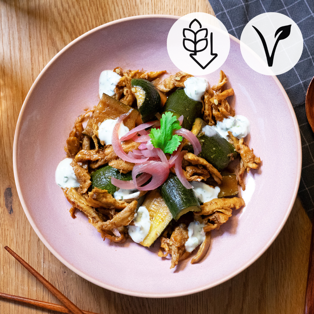 Geröstete Miso- Zucchetti mit planted.chicken