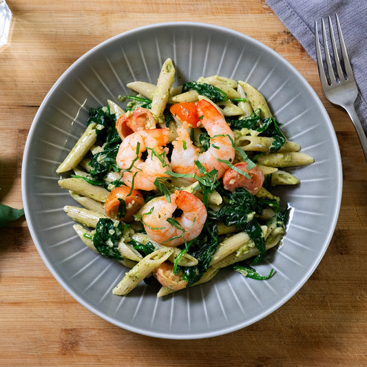 Dinkelpenne mit Garnelen & Babyspinat