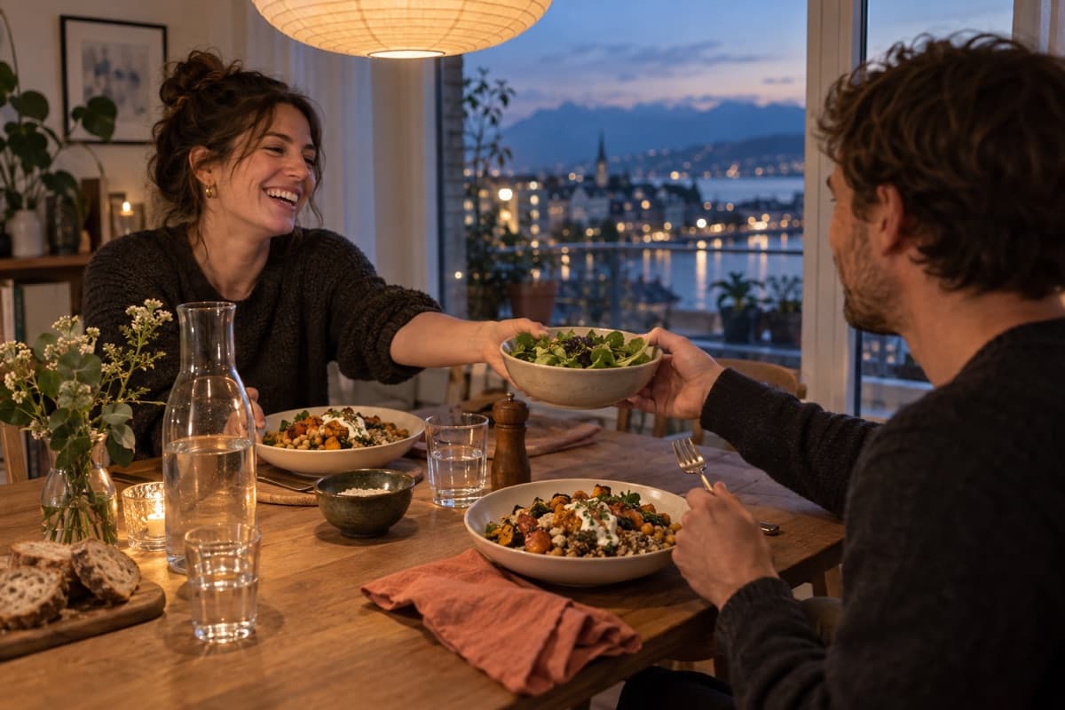 Zwei Freunde essen am Abend an einem Holztisch vor einem grossen Fenster Ofengemüse mit Kichererbsen, im Hintergrund die Lichter der Stadt am See