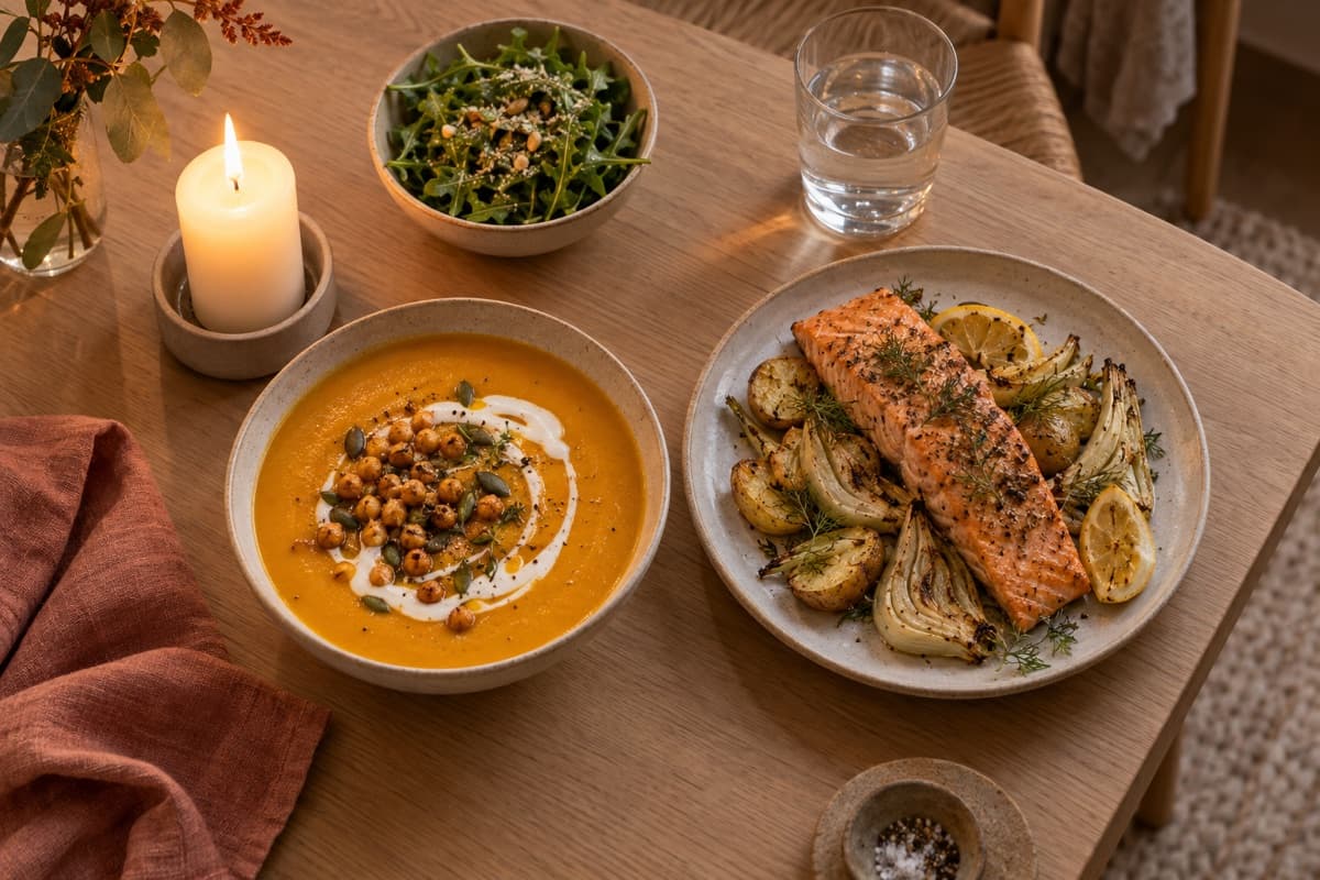 Holztisch am Abend, schräg von oben: eine Schale Kürbissuppe mit Kichererbsen, ein Teller Ofenlachs mit Fenchel und Kartoffeln, ein Rucolasalat und eine brennende Kerze