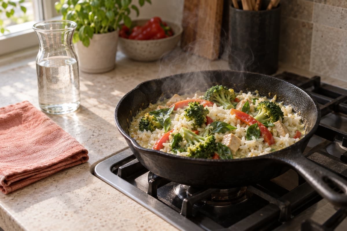 Gusseisenpfanne auf dem Herd, in der eine Portion Reis mit grünem Curry, Broccoli und Peperoni dampfend aufgewärmt wird