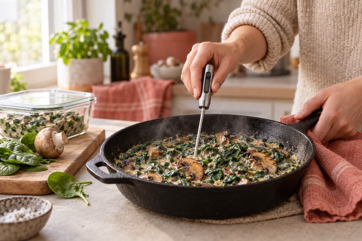 Hände stechen ein Küchenthermometer in eine dampfende Pfanne mit Rahmspinat und gebratenen Champignons