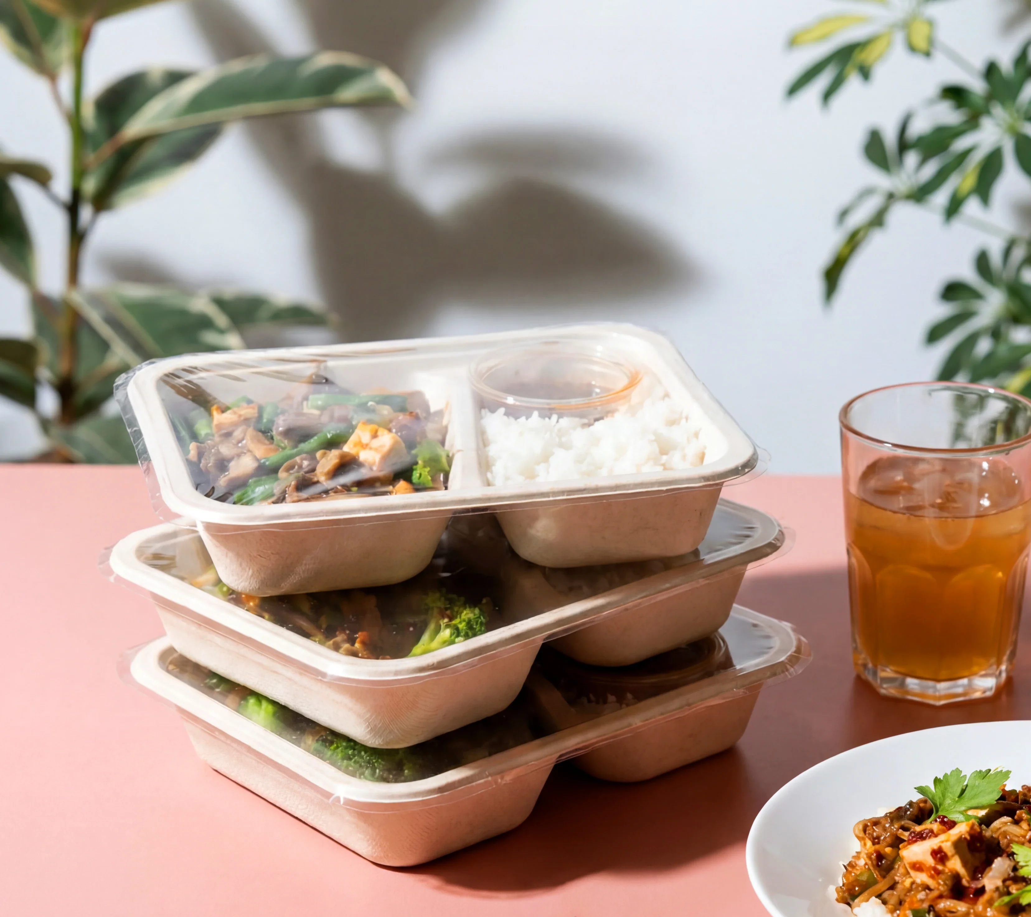 Trois barquettes de repas empilées avec des plats fraîchement cuisinés