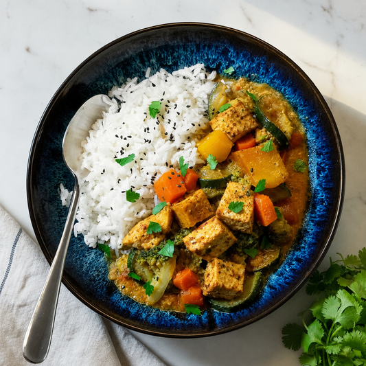 Gelbes Kokos Curry mit Mandelreis Vegetarisch