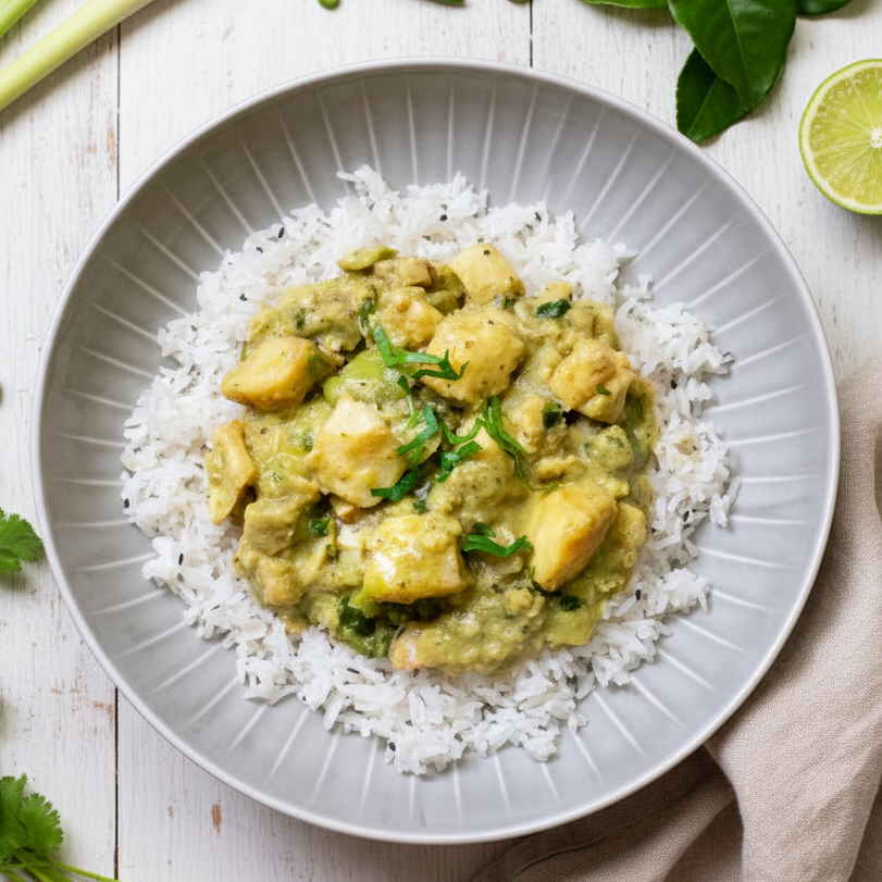Curry de poisson vert avec riz au jasmin