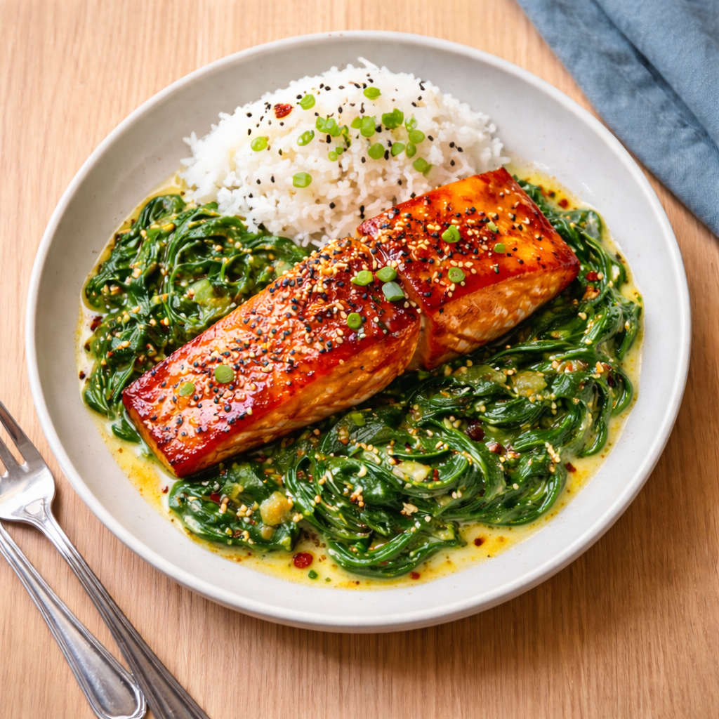 Teriyaki Salmon with Coconut Spinach