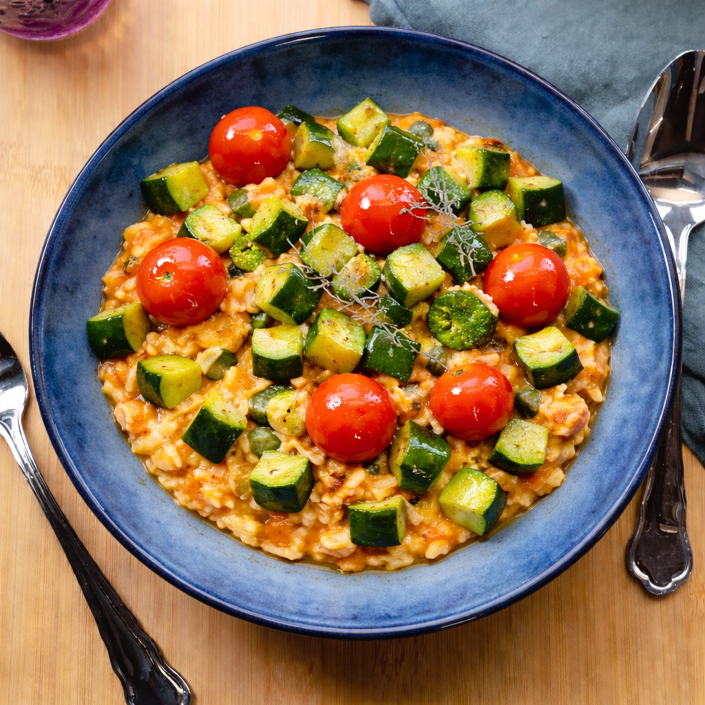 Tomatenrisotto mit Zucchini und Basilikum 💪