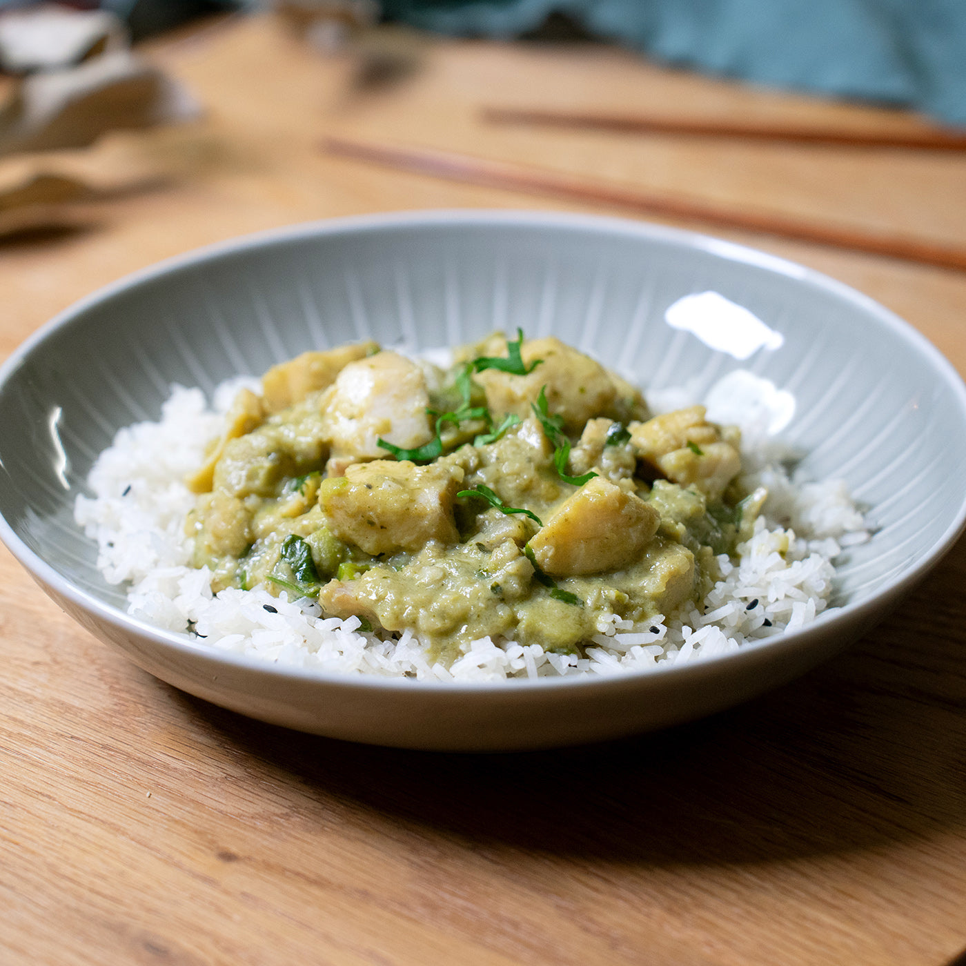 Grünes Fisch Curry mit Jasminreis