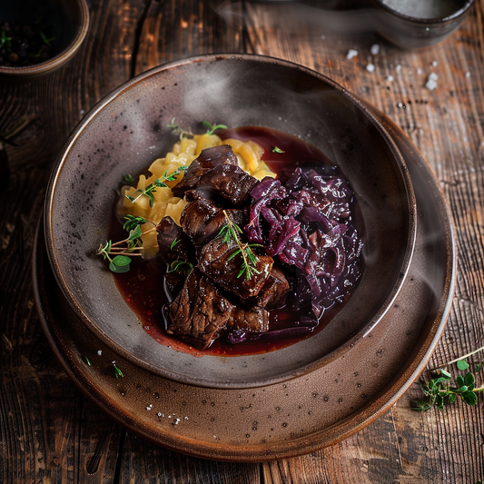 Hirschgeschnetzeltes, Wildpreiselbeersauce, Rotkraut und Spätzle