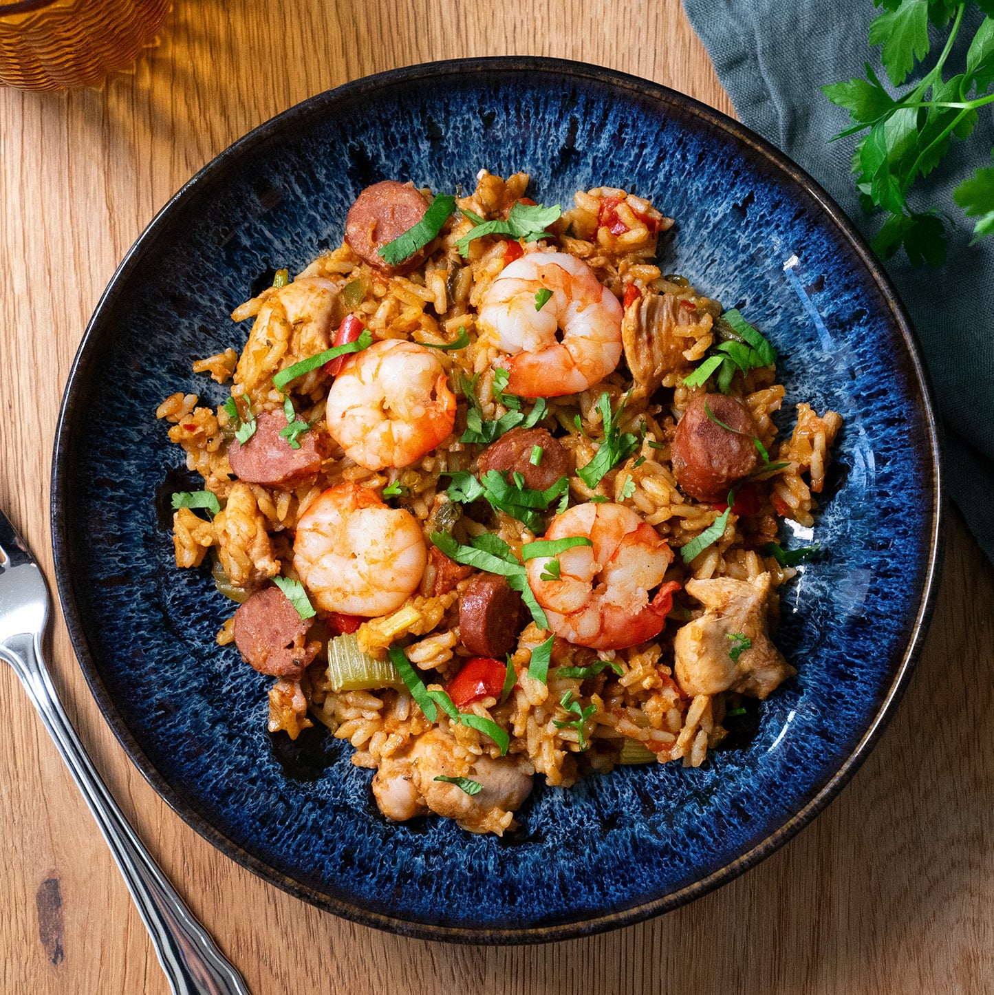 Jambalaya mit Poulet, Selva-Shrimps & Rauchwurst
