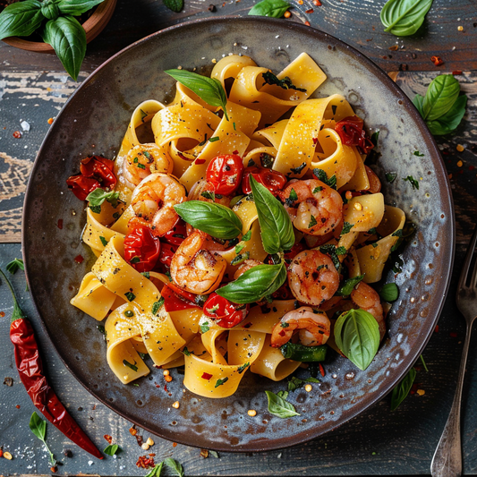Parpardelle Pasta mit Crevetten