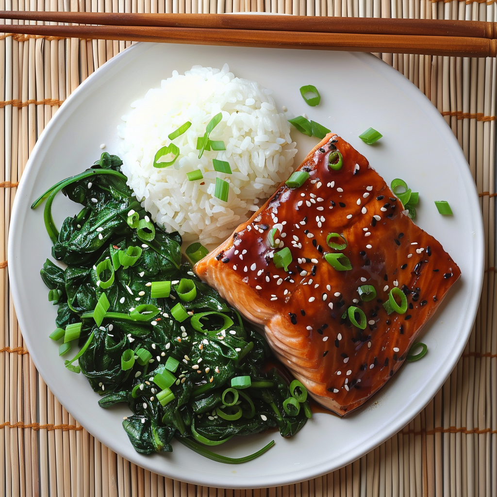 Teriyaki Lachs, Kokosspinat, Sesamreis