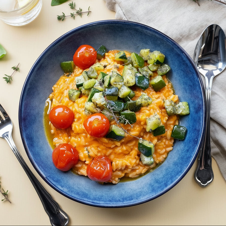 Tomato risotto with zucchini and basil 💪