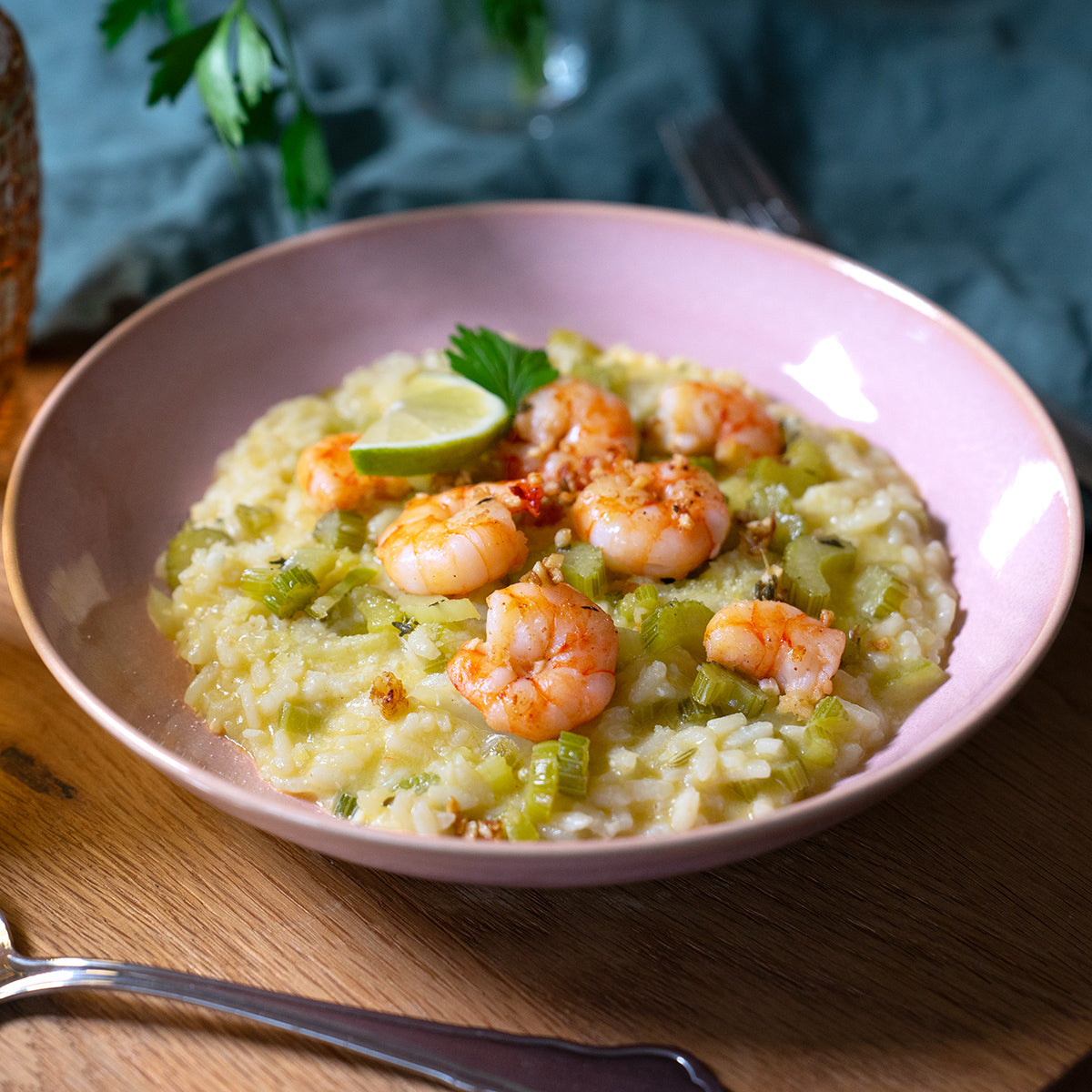 Zitronenrisotto mit Selva-Shrimps und Stangensellerie