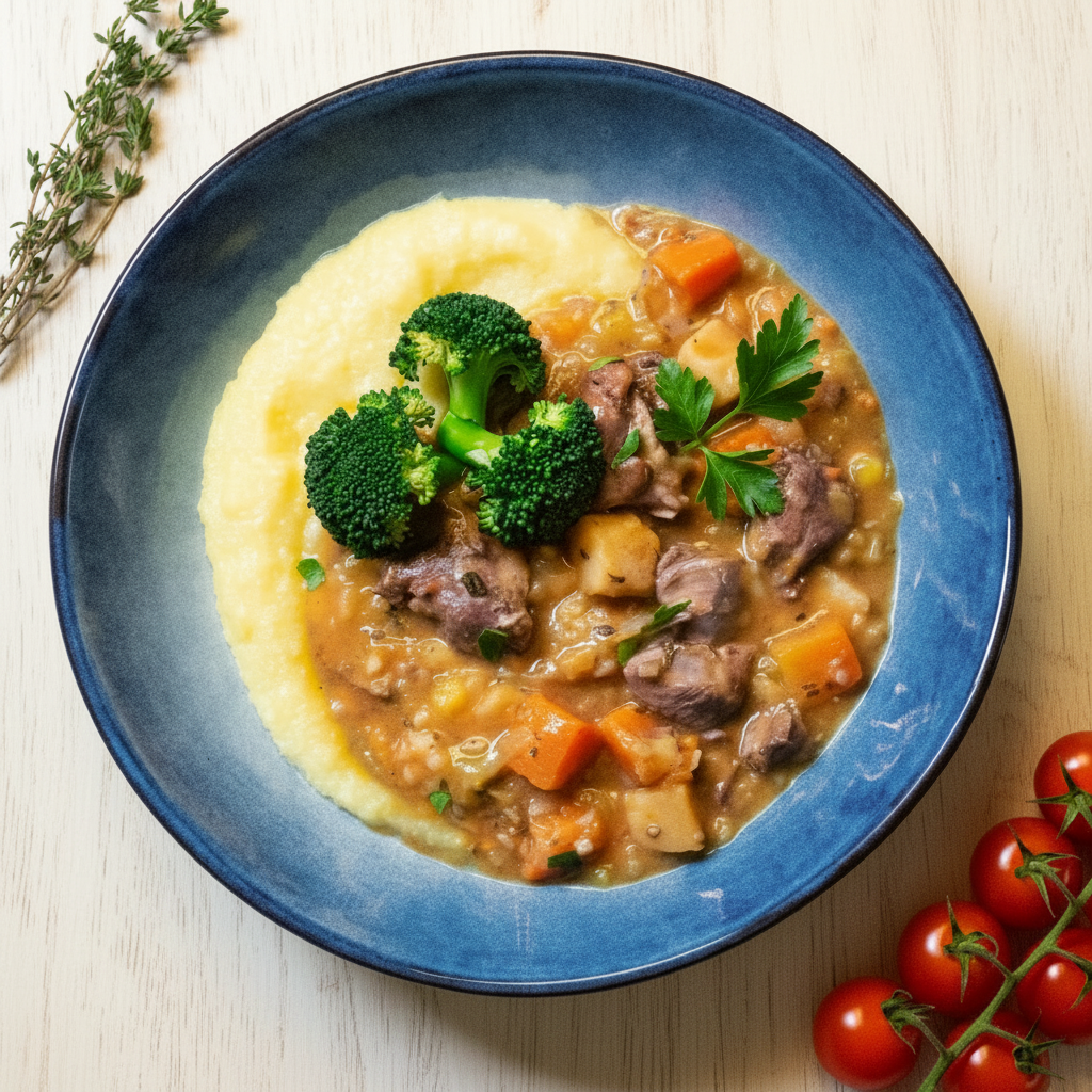 Coq au vin mit Polenta und Brokkoli