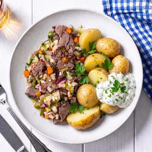 Salade de viande bouillie avec des pommes de terre en robe des champs ⚖️